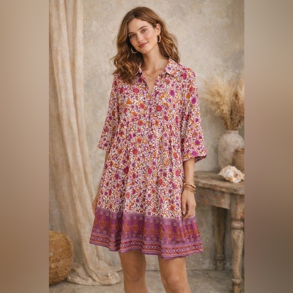NATURAL LIFE Dresses & Skirts - Natural Life Becca Mini Dress Cream and Pink Floral Size L